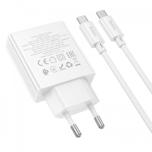Адаптер мережевий HOCO Direct charger C142A (Type-C to Type-C set) |1USB/1Type-C, 20W/3A, PD/QC| white