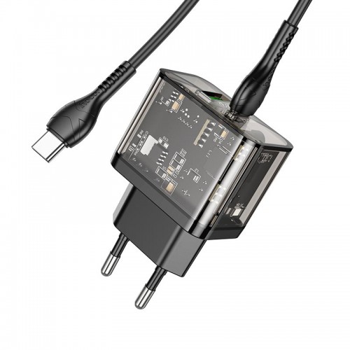 Адаптер мережевий HOCO Type-C to Type-C cable dazzling dual-port N34 |1USB/1Type-C, 20W/3A, PD/QC| transparent-black