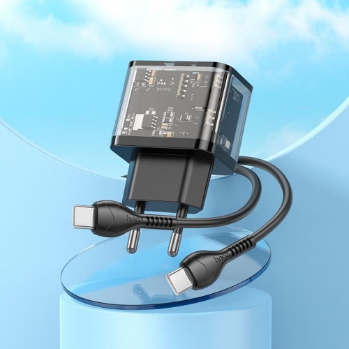 Адаптер мережевий HOCO Type-C to Type-C cable dazzling dual-port N34 |1USB/1Type-C, 20W/3A, PD/QC| transparent-black
