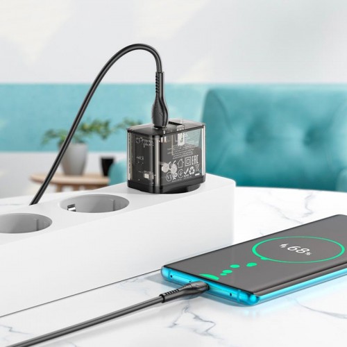 Адаптер мережевий HOCO Type-C to Type-C cable dazzling dual-port N34 |1USB/1Type-C, 20W/3A, PD/QC| transparent-black
