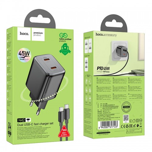 Адаптер мережевий Hoco Elogiado dual-port charger N42 (Type-C to Type-C Set) |2Type-C, 45W/3A, PD/QC| black