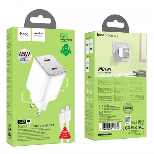 Адаптер мережевий Hoco Elogiado dual-port charger N42 (Type-C to Type-C Set) |2Type-C, 45W/3A, PD/QC| white