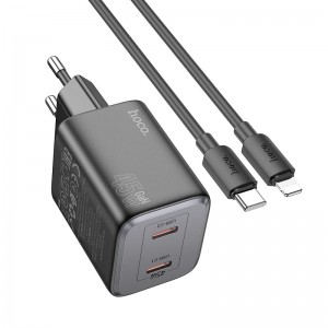 Адаптер мережевий Hoco Elogiado dual-port charger N42 (Type-C to Lightning Set) |2Type-C, 45W/3A, PD/QC| black