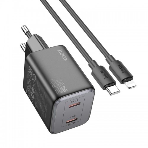 Адаптер мережевий Hoco Elogiado dual-port charger N42 (Type-C to Lightning Set) |2Type-C, 45W/3A, PD/QC| black