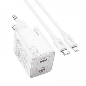 Адаптер мережевий Hoco Elogiado dual-port charger N42 (Type-C to Lightning Set) |2Type-C, 45W/3A, PD/QC| white