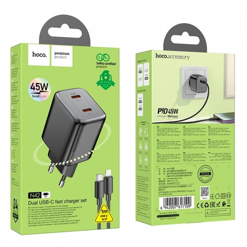 Адаптер мережевий Hoco Elogiado dual-port charger N42 (Type-C to Lightning Set) |2Type-C, 45W/3A, PD/QC| white