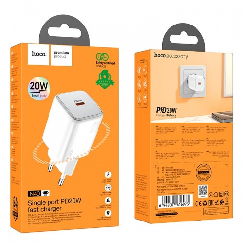 Адаптер мережевий Hoco Mighty single port charger N40 |1Type-C, 20W/3A, PD/QC| white