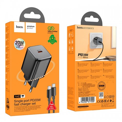 Адаптер мережевий Hoco Mighty single port charger N40 (Type-C to Type-C set) |1Type-C, 20W/3A, PD/QC| black