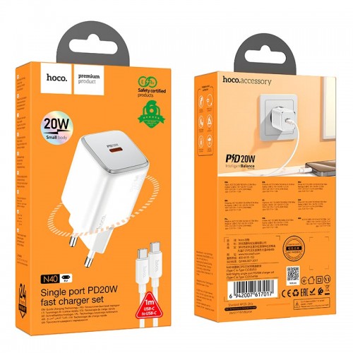 Адаптер мережевий Hoco Mighty single port charger N40 (Type-C to Type-C set) |1Type-C, 20W/3A, PD/QC| white