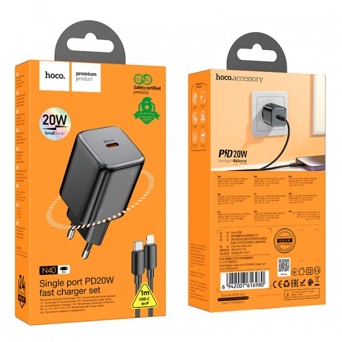 Адаптер мережевий Hoco Mighty single Port charger N40 (Type-C to Lightning set) |1Type-C, 20W/3A, PD/QC| black