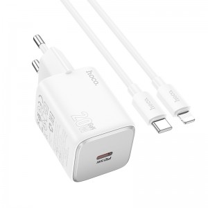 Адаптер мережевий Hoco Mighty single Port charger N40 (Type-C to Lightning set) |1Type-C, 20W/3A, PD/QC| white