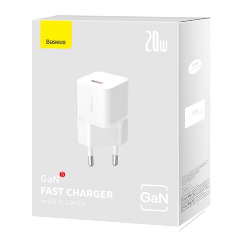 Адаптер мережевий Baseus GaN5 Fast Charger (mini) |1Type-C, 20W/3A, PD/QC| white