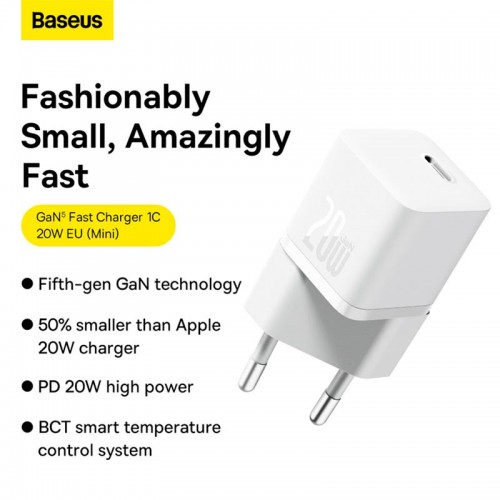 Адаптер мережевий Baseus GaN5 Fast Charger (mini) |1Type-C, 20W/3A, PD/QC| white