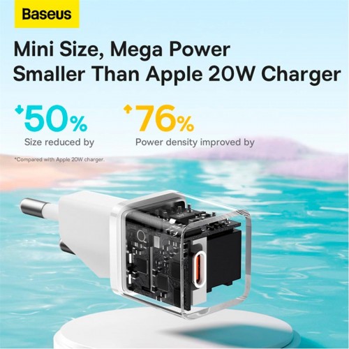 Адаптер мережевий Baseus GaN5 Fast Charger (mini) |1Type-C, 20W/3A, PD/QC| white