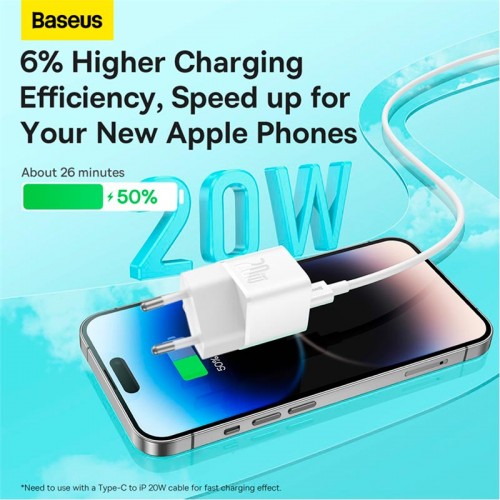 Адаптер мережевий Baseus GaN5 Fast Charger (mini) |1Type-C, 20W/3A, PD/QC| white