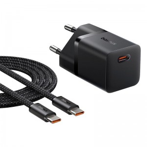 Адаптер мережевий Baseus GaN5 Fast Charger (mini) |1Type-C, 25W/3A, PD/QC| (With C to C 100W 1m cable) black