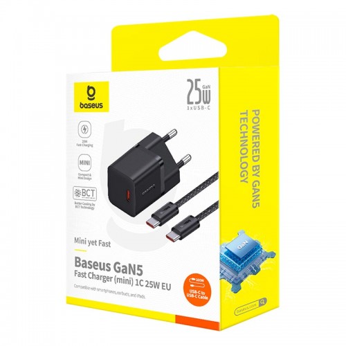 Адаптер мережевий Baseus GaN5 Fast Charger (mini) |1Type-C, 25W/3A, PD/QC| (With C to C 100W 1m cable) black