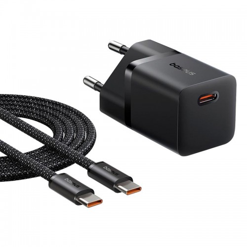 Адаптер мережевий Baseus GaN5 Fast Charger (mini) |1Type-C, 25W/3A, PD/QC| (With C to C 100W 1m cable) black