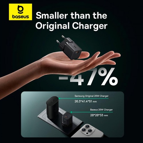 Адаптер мережевий Baseus GaN5 Fast Charger (mini) |1Type-C, 25W/3A, PD/QC| (With C to C 100W 1m cable) black