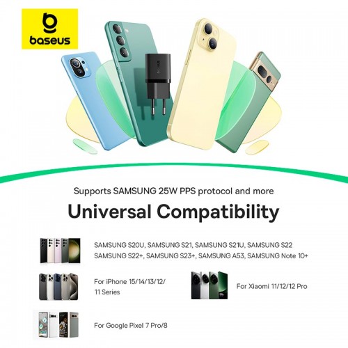 Адаптер мережевий Baseus GaN5 Fast Charger (mini) |1Type-C, 25W/3A, PD/QC| (With C to C 100W 1m cable) black