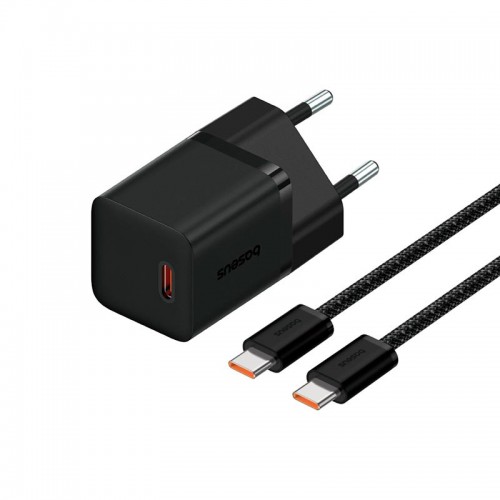 Адаптер мережевий Baseus GaN5 Fast Charger (mini) |1Type-C, 30W/3A, PD/QC| (With C to C 100W 1m cable) black