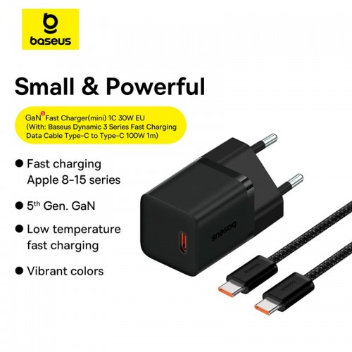 Адаптер мережевий Baseus GaN5 Fast Charger (mini) |1Type-C, 30W/3A, PD/QC| (With C to C 100W 1m cable) black