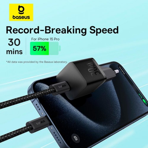 Адаптер мережевий Baseus GaN5 Fast Charger (mini) |1Type-C, 30W/3A, PD/QC| (With C to C 100W 1m cable) black