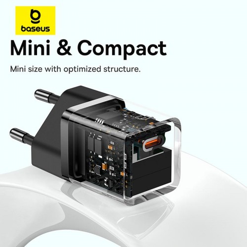 Адаптер мережевий Baseus GaN5 Fast Charger (mini) |1Type-C, 30W/3A, PD/QC| (With C to C 100W 1m cable) black
