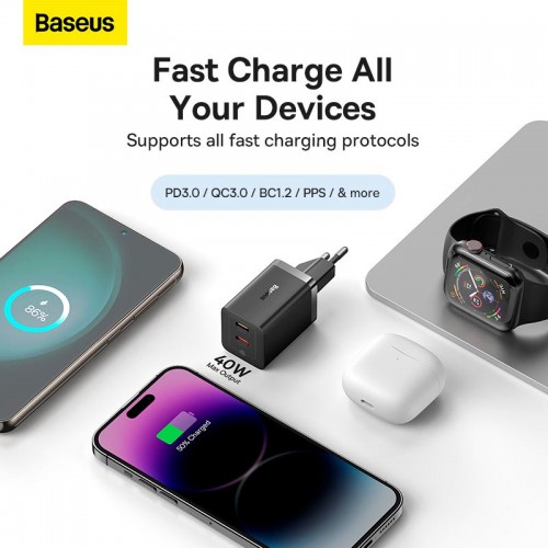 Адаптер мережевий Baseus GaN5 Pro Fast Charger |2Type-C, 40W/3A, PD/QC| black