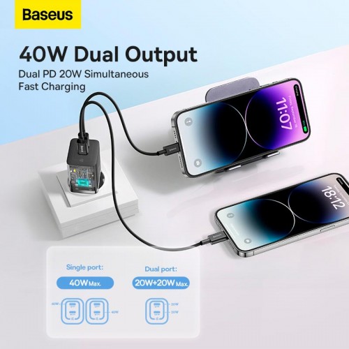 Адаптер мережевий Baseus GaN5 Pro Fast Charger |2Type-C, 40W/3A, PD/QC| black
