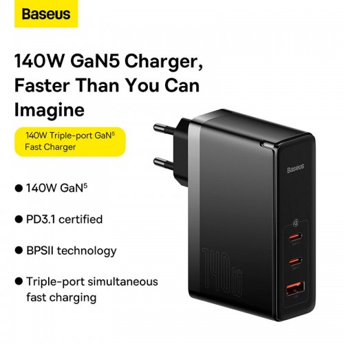 Адаптер мережевий Baseus GaN5 Pro Fast Charger |2C+U, 140W/3A, PD3.1/QC| black