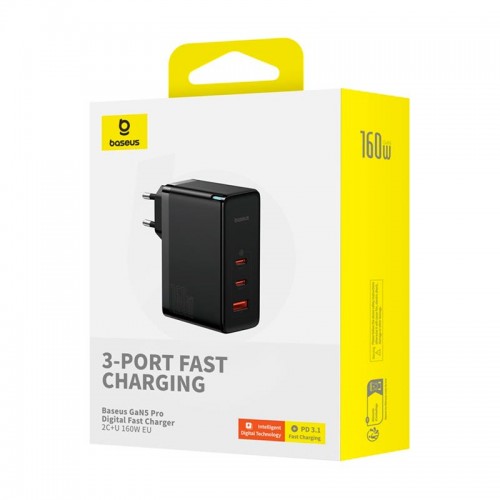 Адаптер мережевий Baseus GaN5 Pro Digital Fast Charger |2C+U, 160W/3A, PD3.1/QC| (With C to C 240W cable) black