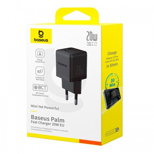 Адаптер мережевий Baseus Palm Fast Charger |1USB/1Type-C, 20W/3A, PD/QC| black