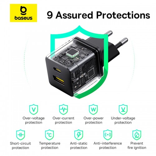 Адаптер мережевий Baseus Palm Fast Charger |1USB/1Type-C, 20W/3A, PD/QC| black