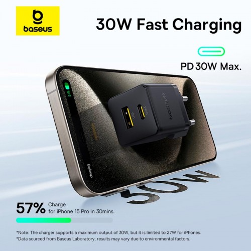 Адаптер мережевий Baseus Palm Fast Charger |1USB/1Type-C, 30W/3A, PD/QC| black