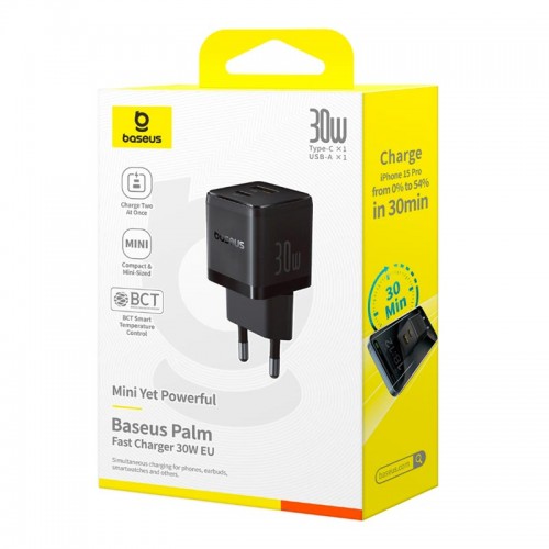 Адаптер мережевий Baseus Palm Fast Charger |1USB/1Type-C, 30W/3A, PD/QC| black