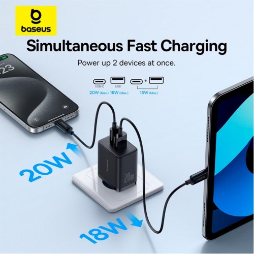 Адаптер мережевий Baseus Cube Fast Charger |1USB/1Type-C, 20W/3A, PD/QC| black