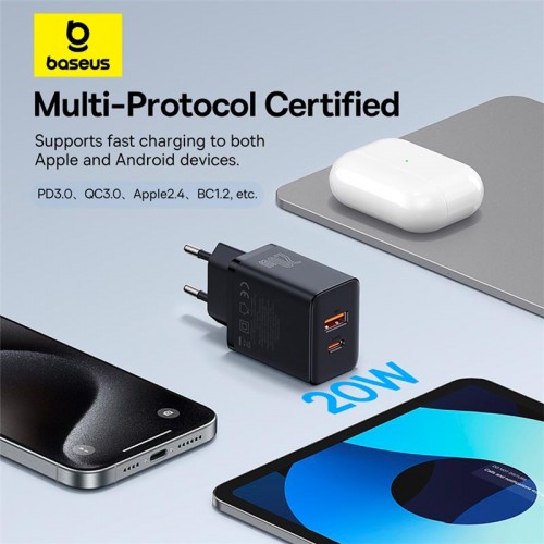 Адаптер мережевий Baseus Cube Fast Charger |1USB/1Type-C, 20W/3A, PD/QC| black