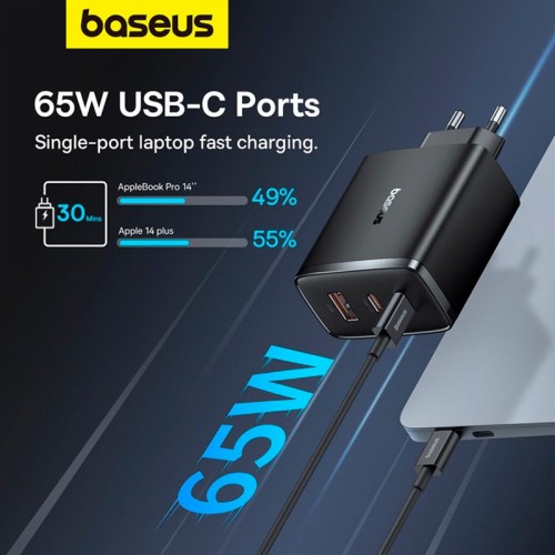 Адаптер мережевий Baseus Cube Pro Fast Charger |1USB/2Type-C, 65W/3A, PD/QC| black