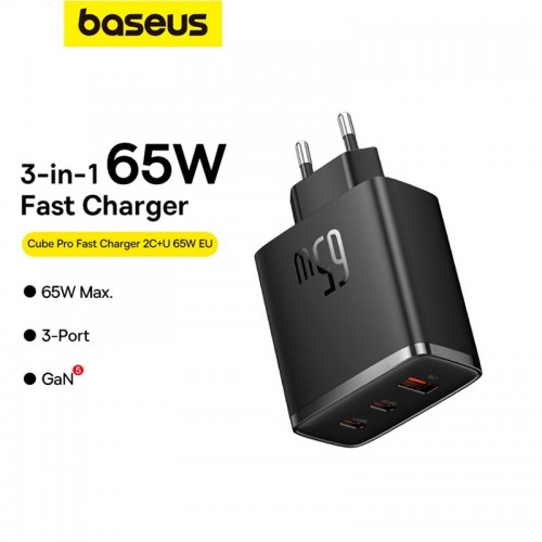 Адаптер мережевий Baseus Cube Pro Fast Charger |1USB/2Type-C, 65W/3A, PD/QC| black