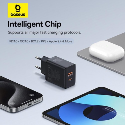 Адаптер мережевий Baseus Cube Fast Charger |1USB/1Type-C, 30W/3A, PD/QC| black