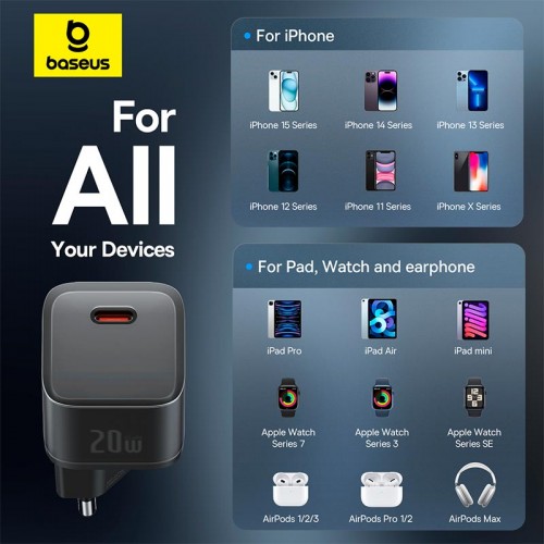 Адаптер мережевий Baseus Gan5s Fast Charger |1Type-C, 20W/3A, PD/QC| black