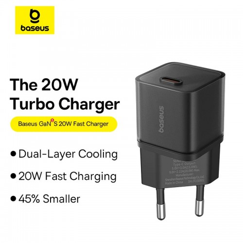 Адаптер мережевий Baseus Gan5s Fast Charger |1Type-C, 20W/3A, PD/QC| black