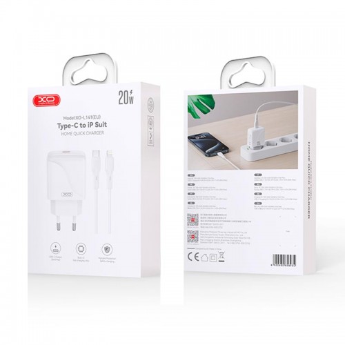 Адаптер мережний XO Type-C to Lightning Cable Single USB-C Fast Charger L141 |20W/3A, PD/QC| white