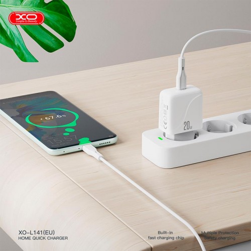 Адаптер сетевой XO Type-C to Type-C Cable Single USB-C Fast Charger L141 |20W/3A, PD/QC| белый