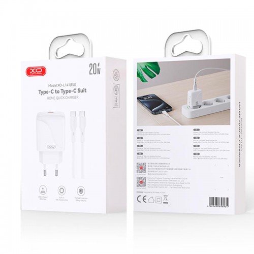 Адаптер мережний XO Type-C to Type-C Cable Single USB-C Fast Charger L141 |20W/3A, PD/QC| white