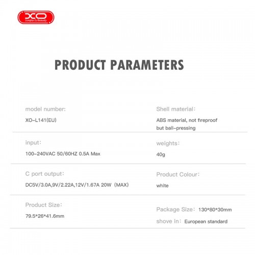 Адаптер мережний XO Type-C to Type-C Cable Single USB-C Fast Charger L141 |20W/3A, PD/QC| white