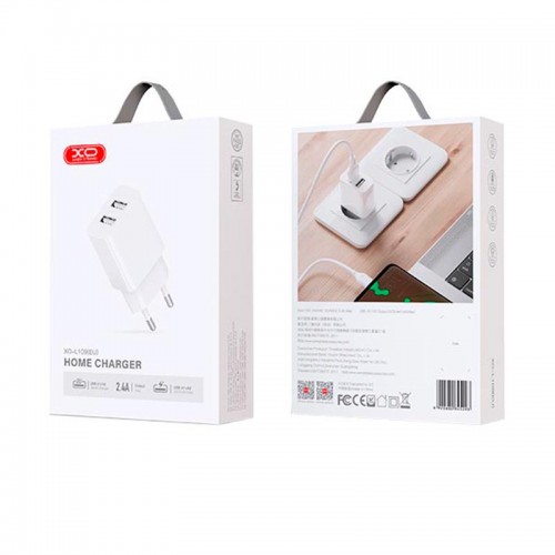 Адаптер мережний XO Dual USB Charger L109 |2USB, 2.4A| white
