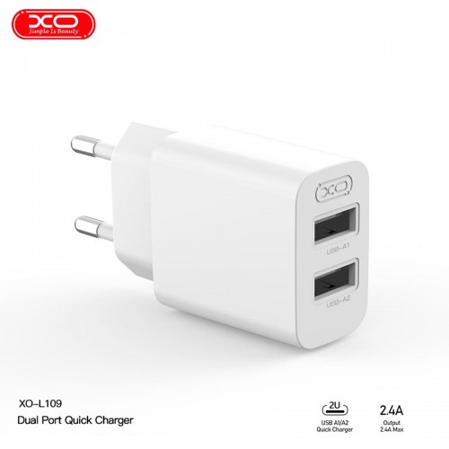 Адаптер мережний XO Dual USB Charger L109 |2USB, 2.4A| white