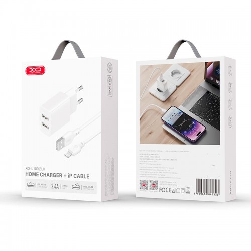 Адаптер мережний XO Lightning Cable Dual USB Charger L109 |2USB, 2.4A| white